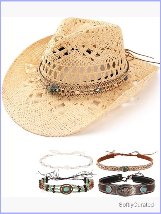 Straw Cowboy Hat with Interchangeable Bands, Wide Brim, Adjustable